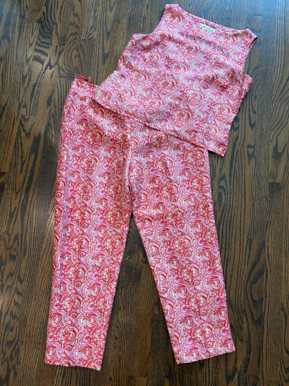EVAN-PICONE Pink & Orange Paisley Print 100% Silk Tank & Pants Set